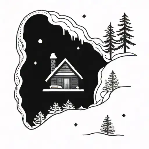 Log cabin, river, snow, christmas tree, snowing in a hand drawn black and white tattoo design idea