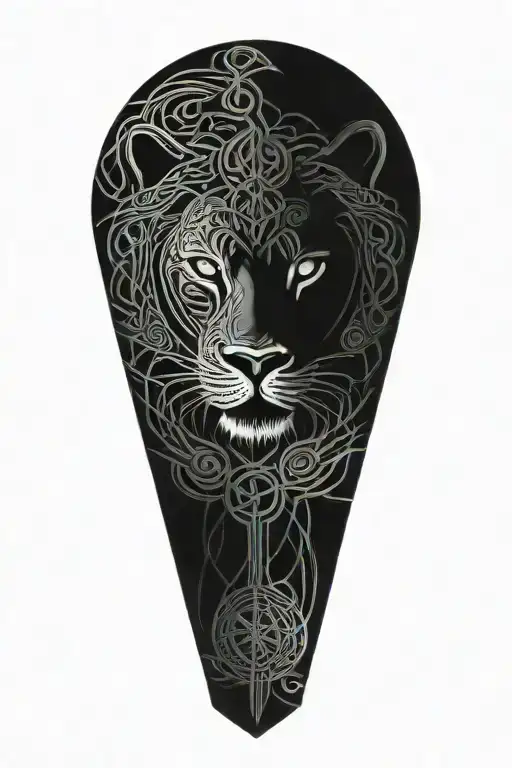 Celtic dara knot with a injured lion intertwined with celtic patterns and raged with painful eyes and a large dara knot  tattoo design idea