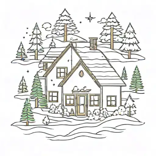 cartoon modern 80's farmhouse, river, snow, christmas tree, snowing  tattoo design idea