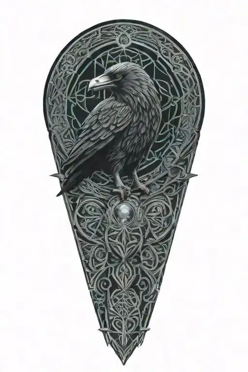 Celtic raven with wolf under raven with celtic patterns, dara knot tattoo design idea