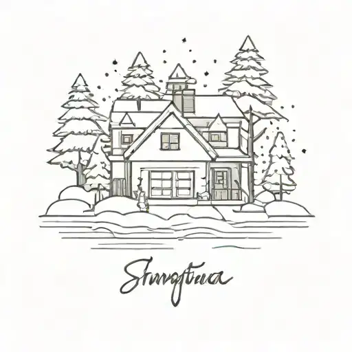 cartoon modern 80's farmhouse, river, snow, christmas tree, snowing  tattoo design idea