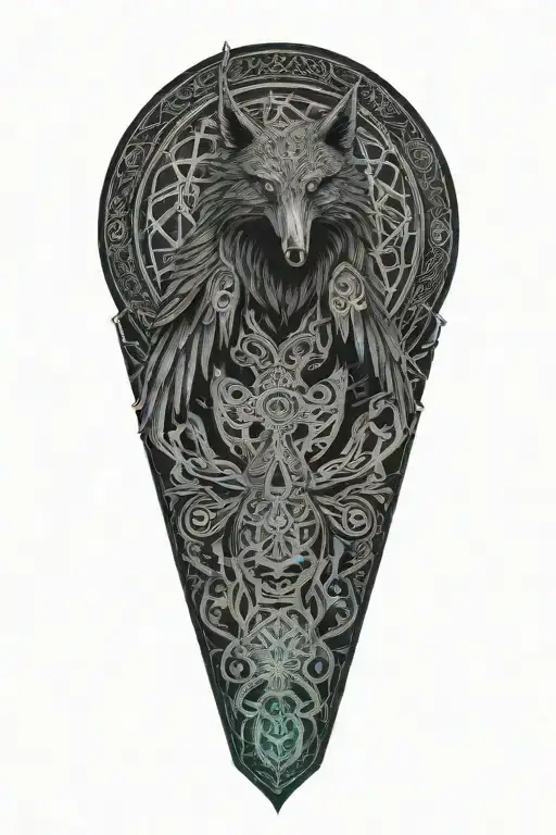 Celtic raven and wolf intertwined with celtic patterns and axe and battle scarred tattoo design idea