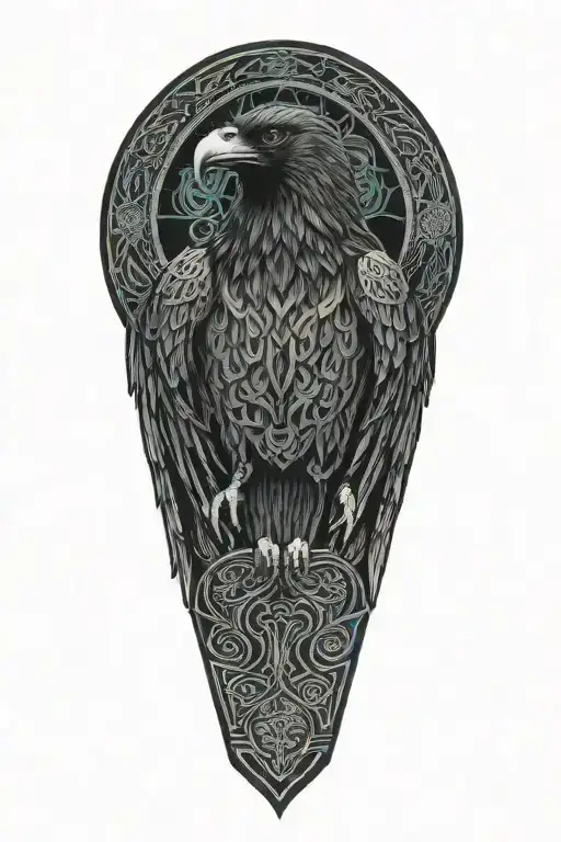 Celtic raven with wolf watching under the raven with celtic patterns, dara knot tattoo design idea
