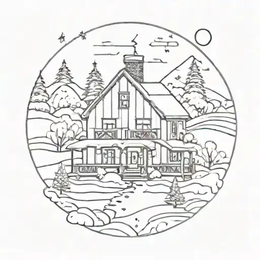 cartoon modern 80's farmhouse, river, snow, christmas tree, snowing  tattoo design idea