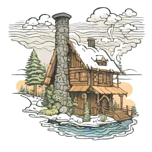Log cabin with a river, snow, christmas tree, and smoke in the chimney, snowing in a cartoon sketch tattoo design idea