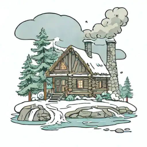 Log cabin with a river, snow, christmas tree, and smoke in the chimney, snowing in a cartoon sketch spreadout view tattoo design idea