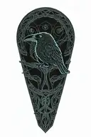 rustic Celtic dara knot with a raven intertwined with celtic patterns with the raven  all black with dark blue eye  tattoo design idea