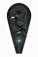rustic Celtic dara knot with a raven intertwined with celtic patterns with the raven  all black with dark blue eye  tattoo design idea