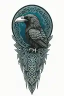 Celtic dara knot with a raven intertwined with celtic patterns with the raven  all black with dark blue eye tattoo design idea