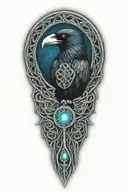 Celtic dara knot with a raven intertwined with celtic patterns with the raven  all black with dark blue eye tattoo design idea