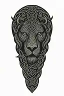 Celtic dara knot with a injured lion intertwined with celtic patterns and raged with painful eyes and a large dara knot  tattoo design idea