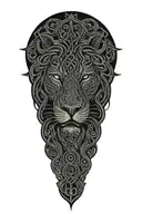 Celtic dara knot with a injured lion intertwined with celtic patterns and raged with painful eyes and a large dara knot  tattoo design idea