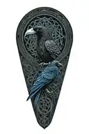 Celtic dara knot with a raven intertwined with celtic patterns with the raven  all black with dark blue eye accent tattoo design idea