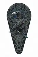 Celtic dara knot with a raven intertwined with celtic patterns with the raven  all black with dark blue eye accent tattoo design idea