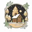 hand drawn  Log cabin, river, snow, christmas tree, snowing  tattoo design idea