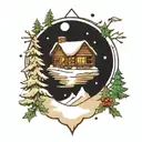 hand drawn  Log cabin, river, snow, christmas tree, snowing  tattoo design idea