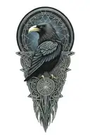 Celtic dara knot with a raven intertwined with celtic patterns with the raven  all black with dark blue eye tattoo design idea