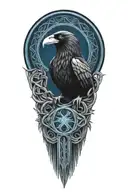 Celtic dara knot with a raven intertwined with celtic patterns with the raven  all black with dark blue eye tattoo design idea