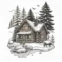 Log cabin, river, snow, christmas tree, snowing in a hand drawn black and white tattoo design idea