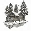 Log cabin, river, snow, christmas tree, snowing in a hand drawn black and white tattoo design idea