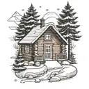 Log cabin, river, snow, christmas tree, snowing in a hand drawn black and white tattoo design idea