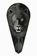 Celtic dara knot with a injured lion intertwined with celtic patterns and raged with painful eyes and a large dara knot  tattoo design idea