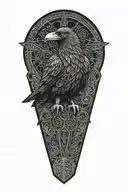 Celtic raven with wolf under raven with celtic patterns, dara knot tattoo design idea