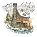 Log cabin with a river, snow, christmas tree, and smoke in the chimney, snowing in a cartoon sketch tattoo design idea