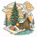 Log cabin with a river, snow, christmas tree, and smoke in the chimney, snowing in a cartoon sketch tattoo design idea