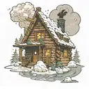 Log cabin with a river, snow, christmas tree, and smoke in the chimney, snowing in a cartoon sketch tattoo design idea