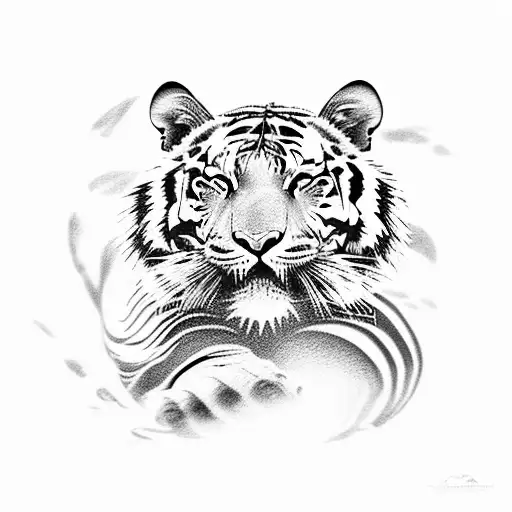 A mystical tiger emerging from the depths of the sea, surrounded by swirling waves tattoo design idea