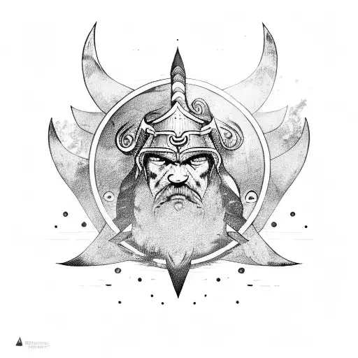 A fierce Viking warrior holding a blazing sun as a shield tattoo design idea