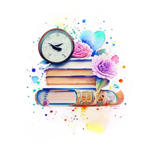 A stack of books with vibrant watercolor splashes tattoo design idea