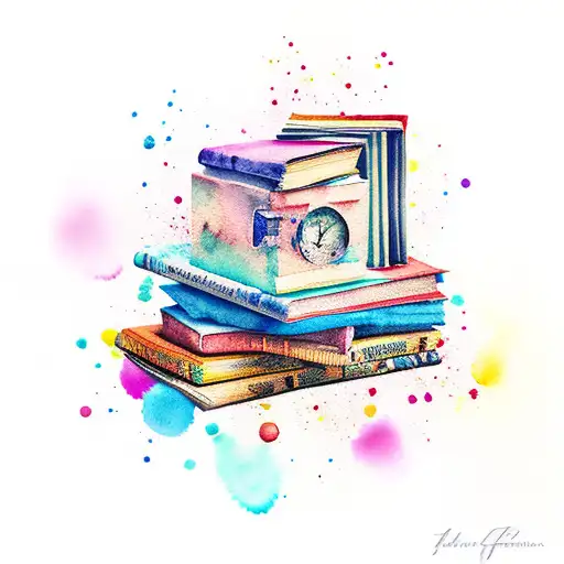 A stack of books with vibrant watercolor splashes tattoo design idea