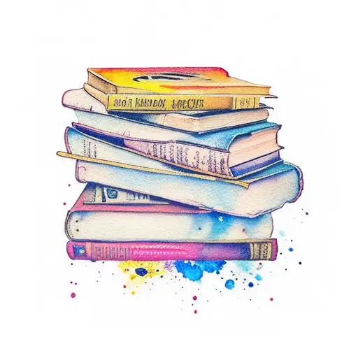 A stack of books with vibrant watercolor splashes tattoo design idea