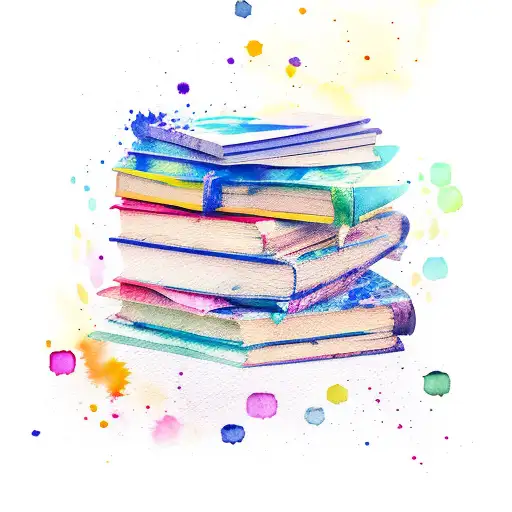 A stack of books with vibrant watercolor splashes tattoo design idea