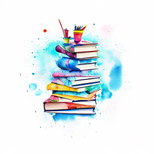 A stack of books with vibrant watercolor splashes tattoo design idea