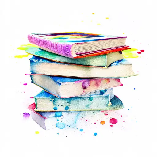 A stack of books with vibrant watercolor splashes and fineline tattoo design idea
