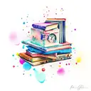A stack of books with vibrant watercolor splashes tattoo design idea