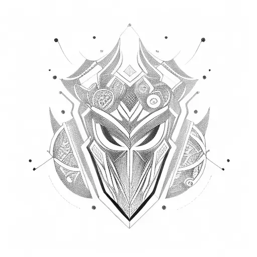 Jhin's mask surrounded by intricate geometric patterns tattoo design idea