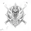 A dotwork design featuring Jhin, Lucian, and Ezreal's weapons intertwined tattoo design idea