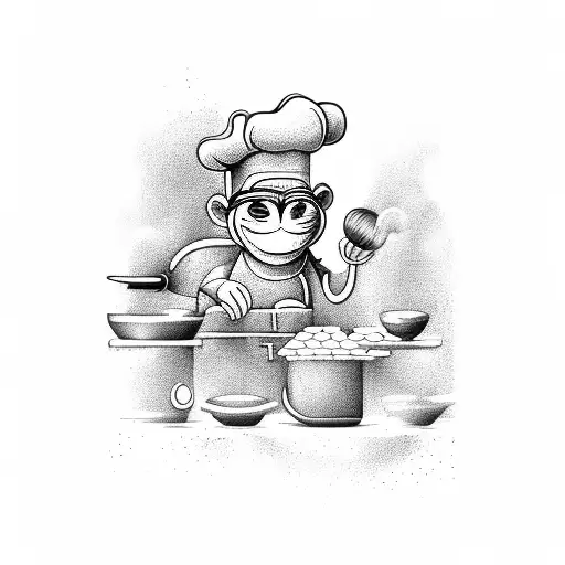 A chef monkey cooking in a kitchen with musical notes as steam rising from the pots tattoo design idea