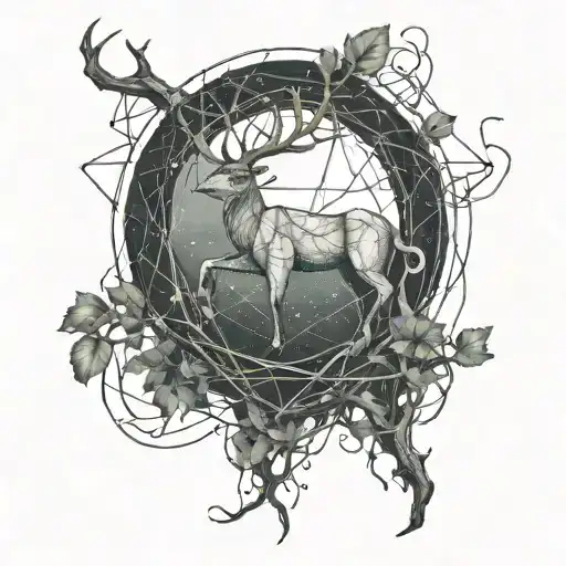 Capricorn constellation symbol, symbol of earth, wrapped around vines and trees tattoo design idea