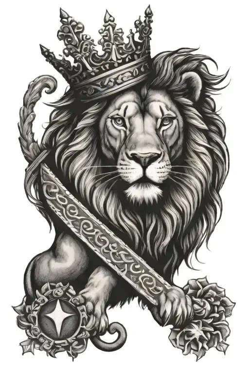 lion wearing crown with bible scripture and a cross  tattoo design idea