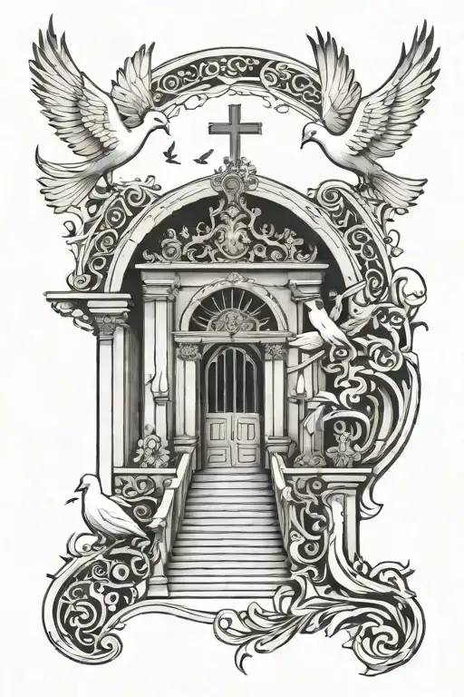 christ heaven's Gates stair way open gates doves tattoo design idea