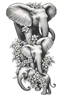 3 elephants holding trunks, birth flowers growing tattoo design idea