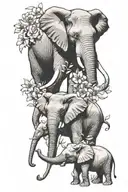 3 elephants holding trunks, birth flowers growing tattoo design idea