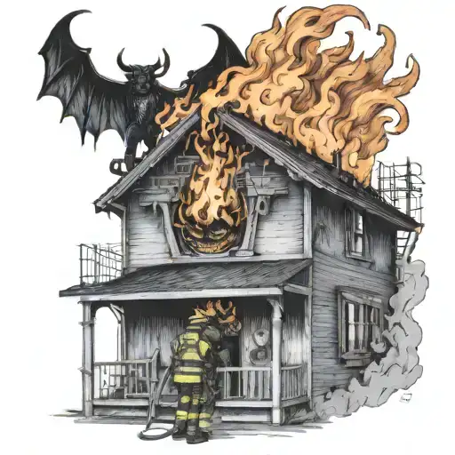 firefighters fighting a fire that has the face of the devil on top of a burning house  tattoo design idea