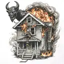 firefighters fighting a fire that has the face of the devil on top of a burning house  tattoo design idea