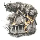 firefighters fighting a fire that has the face of the devil on top of a burning house  tattoo design idea